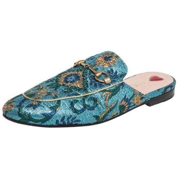 Gucci Princetown Slipper Slides Blue Gold Horsebit Mules - Picture 1 of 10